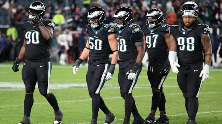 The Philadelphia Eagles defense walks off the field during the fourth quarter of the game against the Chicago Bears.