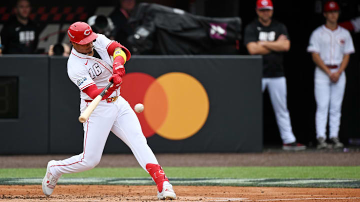 Aug 3, 2025; Bristol, Tennessee, USA; Cincinnati Reds third base Noelvi Marte (16) at bat during the fifth inning against the Atlanta Braves at Bristol Motor Speedway. Mandatory Credit: Bryan Lynn-Imagn Images