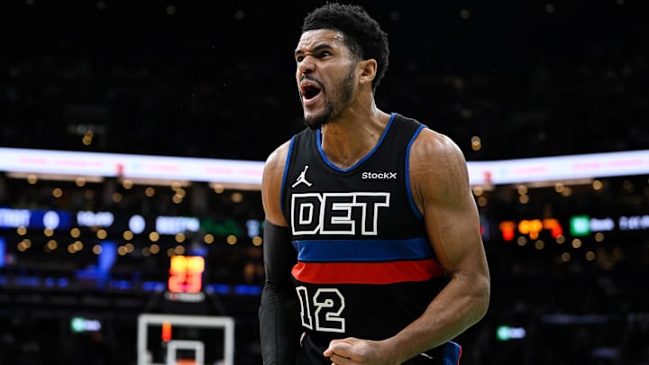 Dec 12, 2024; Boston, Massachusetts, USA; Detroit Pistons forward Tobias Harris (12): Eric Canha-Imagn Images