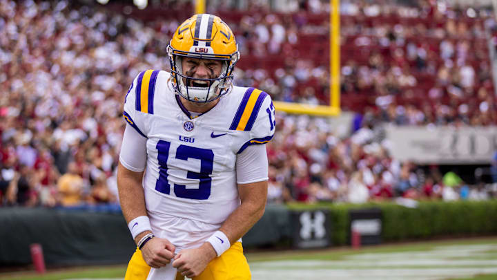 Sep 14, 2024; Columbia, South Carolina, USA; LSU Tigers quarterback Garrett Nussmeier (13) reacts before a game against the South Carolina Gamecocks at Williams-Brice Stadium. Mandatory Credit: Scott Kinser-Imagn Images