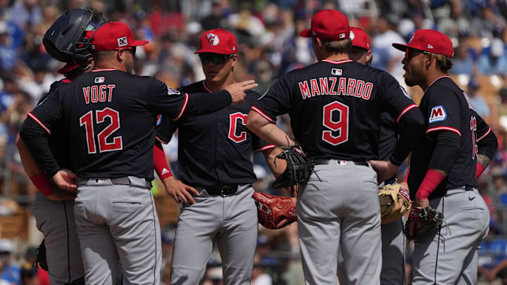 Mar 11, 2025; Phoenix, Arizona, USA; Cleveland Guardians manager Stephen Vogt (12) talks to his team in the first inning against the Los Angeles Dodgers at Camelback Ranch-Glendale. Mandatory Credit: Rick Scuteri-Imagn Images