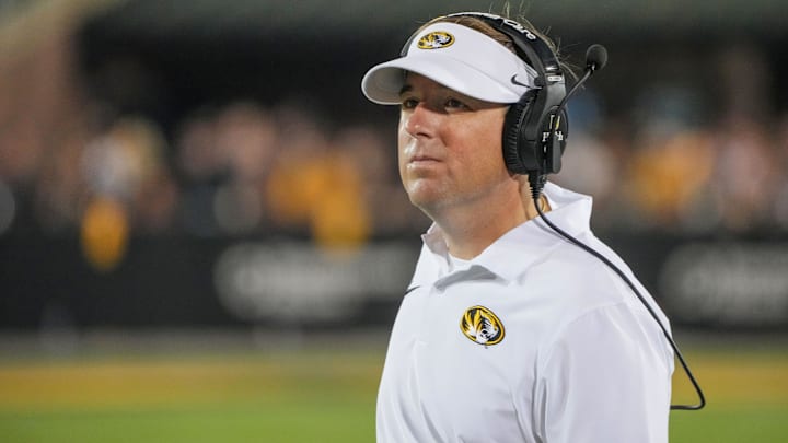Aug 29, 2024; Columbia, Missouri, USA; Missouri Tigers head coach Eli Drinkwitz on the sidelines during a time out against the Murray State Racers during the first half at Faurot Field at Memorial Stadium. Mandatory Credit: Denny Medley-Imagn Images