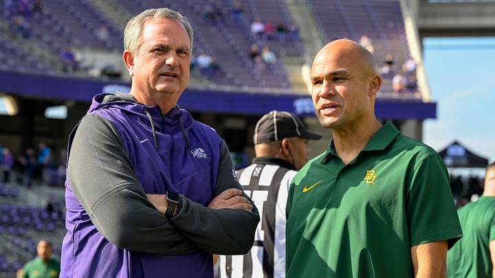 Nov 18, 2023; Fort Worth, Texas, USA; TCU Horned Frogs head coach Sonny Dykes (left) and Baylor Bears head coach Dave Aranda (right) before the game between the TCU Horned Frogs and the Baylor Bears at Amon G. Carter Stadium. Mandatory Credit: Jerome Miron-USA TODAY Sports Nov 18, 2023; Fort Worth, Texas, USA; TCU Horned Frogs head coach Sonny Dykes (left) and Baylor Bears head coach Dave Aranda (right) before the game between the TCU Horned Frogs and the Baylor Bears at Amon G. Carter Stadium. Mandatory Credit: Jerome Miron-USA TODAY Sports