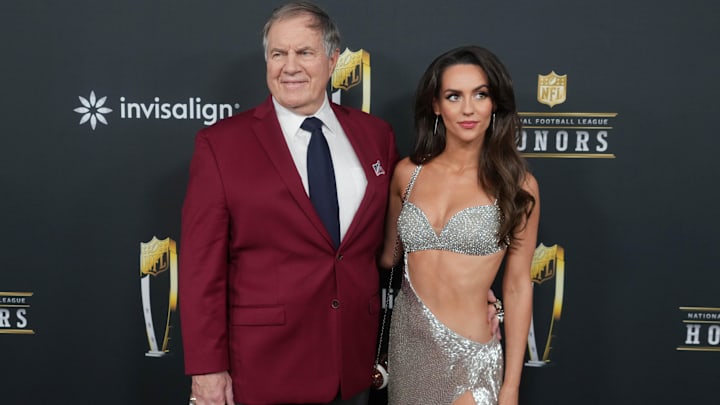 Bill Belichick and Jordon Hudson on the red carpet before Super Bowl LIX NFL Honors at Saenger Theatre.