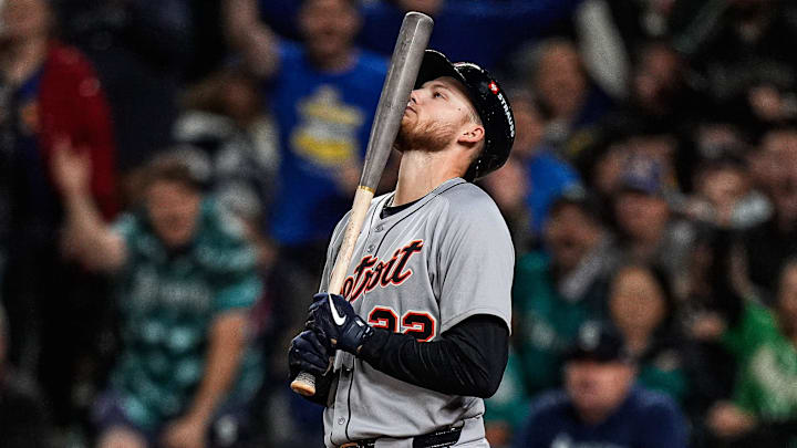 Tigers center fielder Parker Meadows reacts after striking out against Mariners in the 14th inning of ALDS Game 5 at T-Mobile Park in Seattle on Friday, Oct. 10, 2025.