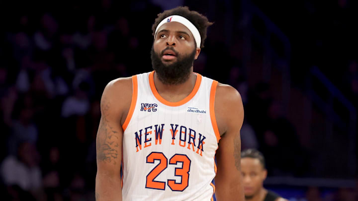 Apr 11, 2025; New York, New York, USA; New York Knicks center Mitchell Robinson (23) reacts during the fourth quarter against the Cleveland Cavaliers at Madison Square Garden. Mandatory Credit: Brad Penner-Imagn Images