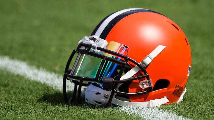 Sep 17, 2017; Baltimore, MD, USA; A Cleveland Browns helmet sits on the field before a game against the Baltimore Ravens at M&T Bank Stadium. Mandatory Credit: Patrick McDermott-Imagn Images