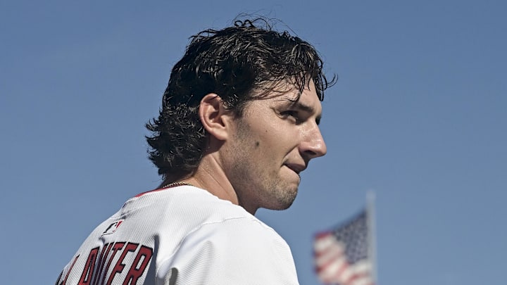 Oct 1, 2025; Cleveland, Ohio, USA; Cleveland Guardians center fielder Chase DeLauter (34) looks on before game two of the Wildcard round for the 2025 MLB playoffs against the Detroit Tigers at Progressive Field. Mandatory Credit: Ken Blaze-Imagn Images
