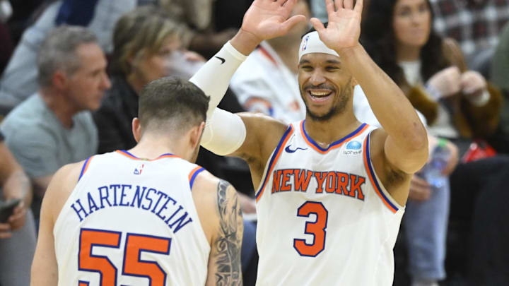 Mar 3, 2024; Cleveland, Ohio, USA; New York Knicks guard Josh Hart (3) and center Isaiah Hartenstein (55) celebrate a win over the Cleveland Cavaliers at Rocket Mortgage FieldHouse. Mandatory Credit: David Richard-Imagn Images