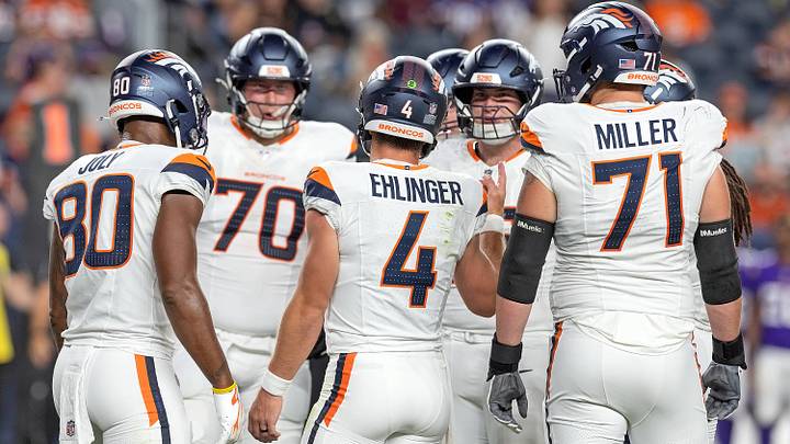 August 29, 2026, Denver, Colorado, USA: Broncos QB SAM EHLINGER calls the play for his Offensive Line during the 2nd. Half at Empower Field at Mile High Friday evening. Broncos beat the Vikings 34-6 in Pre-Season play. 