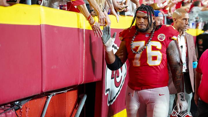 Sep 14, 2026; Kansas City, Missouri, USA; Kansas City Chiefs offensive tackle Kingsley Suamataia (76) greets fans after the win over the Denver Broncos at GEHA Field at Arrowhead Stadium. Mandatory Credit: Denny Medley-Imagn Images Sep 14, 2026; Kansas City, Missouri, USA; Kansas City Chiefs offensive tackle Kingsley Suamataia (76) greets fans after the win over the Denver Broncos at GEHA Field at Arrowhead Stadium. Mandatory Credit: Denny Medley-Imagn Images