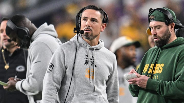 Dec 29, 2024; Minneapolis, Minnesota, USA; Green Bay Packers head coach Matt LaFleur looks on during the second quarter against the Minnesota Vikings at U.S. Bank Stadium. Mandatory Credit: Jeffrey Becker-Imagn Images