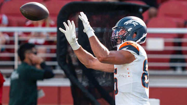 August 9, 2025; Santa Clara, California, USA; Denver Broncos tight end Lucas Krull (85) before the game against the San Francisco 49ers at Levi's Stadium. Mandatory Credit: Kyle Terada-Imagn Images