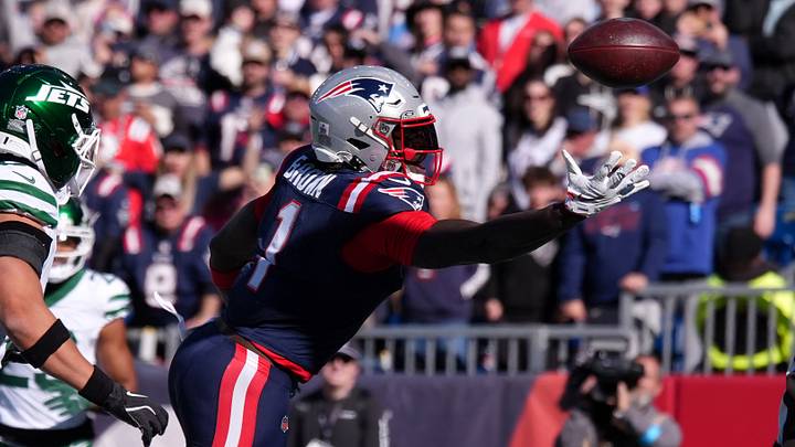 Oct 18, 2026; Foxborough, Massachusetts, USA;  New England Patriots wide receiver A.J. Brown (1) misses a catch in the end zone in the first half against the New York Jets at Gillette Stadium.  Mandatory Credit: David Butler II-Imagn Images