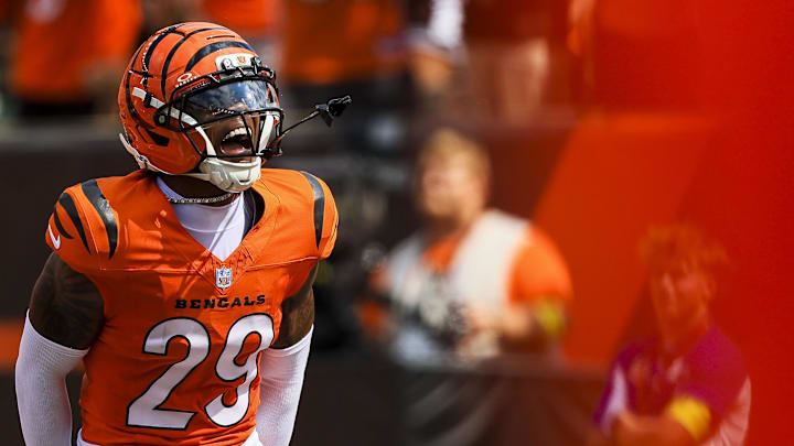 Sep 14, 2025; Cincinnati, Ohio, USA; Cincinnati Bengals cornerback Cam Taylor-Britt (29) reacts after a play in the first half against the Jacksonville Jaguars at Paycor Stadium. Mandatory Credit: Katie Stratman-Imagn Images
