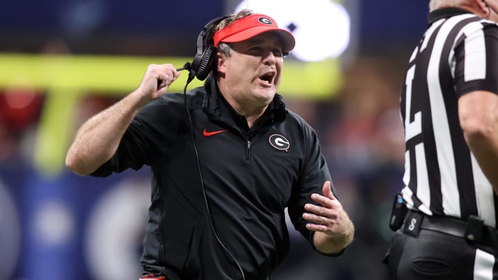 Dec 2, 2023; Atlanta, GA, USA; Georgia Bulldogs head coach Kirby Smart reacts to an official in the second half against the Alabama Crimson Tide at Mercedes-Benz Stadium. Mandatory Credit: Brett Davis-USA TODAY Sports Dec 2, 2023; Atlanta, GA, USA; Georgia Bulldogs head coach Kirby Smart reacts to an official in the second half against the Alabama Crimson Tide at Mercedes-Benz Stadium. Mandatory Credit: Brett Davis-USA TODAY Sports