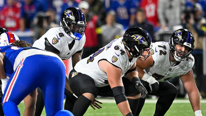 Sep. 7, 2025; Orchard Park, New York, USA; Baltimore Ravens' quarterback Lamar Jackson (8) lines up for a snap at the line of scrimmage in the first quarter against the Buffalo Bills at Highmark Stadium.