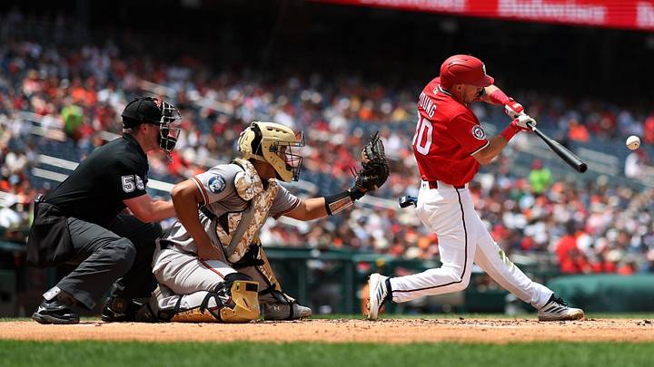 May 17, 2026; Washington, District of Columbia, USA; Washington Nationals center fielder Jacob Young (30) hits a solo home run against the Baltimore Orioles during the second inning at Nationals Park. Mandatory Credit: Geoff Burke-Imagn Images