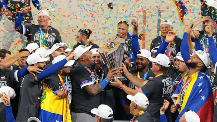 Mar 17, 2026; Miami, FL, United States; Venezuela reacts on the stage after defeating the United States during the 2026 World Baseball Classic Championship game at loanDepot Park. Mandatory Credit: Sam Navarro-Imagn Images