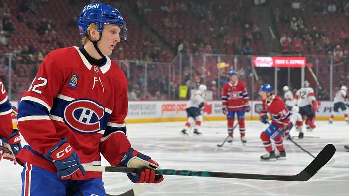 Apr 7, 2026; Montreal, Quebec, CAN; Montreal Canadiens defenseman Adam Engstrom (42) skates during the warmup before the game against the Florida Panthers at the Bell Centre. Mandatory Credit: Eric Bolte-Imagn Images