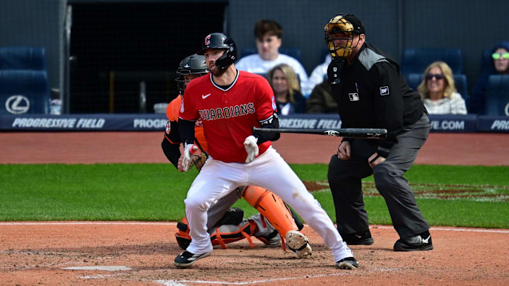 Apr 19, 2026: Cleveland Guardians left fielder David Fry (6) watches the ball after hitting a single during the eighth inning against the Baltimore Orioles at Progressive Field. 