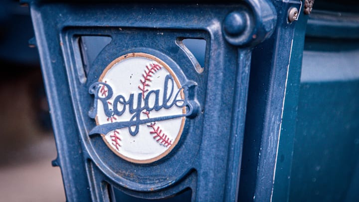 Apr 16, 2023; Kansas City, Missouri, USA; Logo on stadium seats prior to the game between the Kansas City Royals and the Atlanta Braves at Kauffman Stadium. Mandatory Credit: William Purnell-Imagn Images