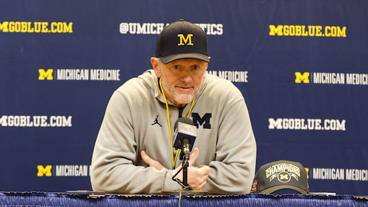 Apr 18, 2026; Ann Arbor, MI, USA; Michigan Wolverines head coach Kyle Whittingham gives remarks following the spring game at Michigan Stadium. Mandatory Credit: Brian Bradshaw Sevald-Imagn Images
