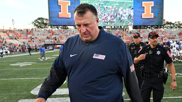 Sep 12, 2026; Champaign, Illinois, USA; Illinois Fighting Illini head coach Bret Bielema walks off the field after a 31-27 loss to the Duke Blue Devils at Gies Memorial Stadium. Mandatory Credit: Ron Johnson-Imagn Images Sep 12, 2026; Champaign, Illinois, USA; Illinois Fighting Illini head coach Bret Bielema walks off the field after a 31-27 loss to the Duke Blue Devils at Gies Memorial Stadium. Mandatory Credit: Ron Johnson-Imagn Images