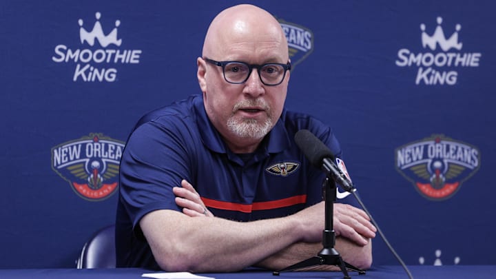 Sep 26, 2022; New Orleans, LA, USA; New Orleans Pelicans vice president of basketball operations David Griffin during a press conference at the New Orleans Pelicans Media Day from the Smoothie King Center Sep 26, 2022; New Orleans, LA, USA; New Orleans Pelicans vice president of basketball operations David Griffin during a press conference at the New Orleans Pelicans Media Day from the Smoothie King Center