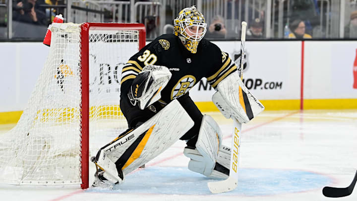 Sep 24, 2023; Boston, Massachusetts, USA; Boston Bruins goalie Brandon Bussi (30) tends net against the New York Rangers during a preseason game at TD Garden