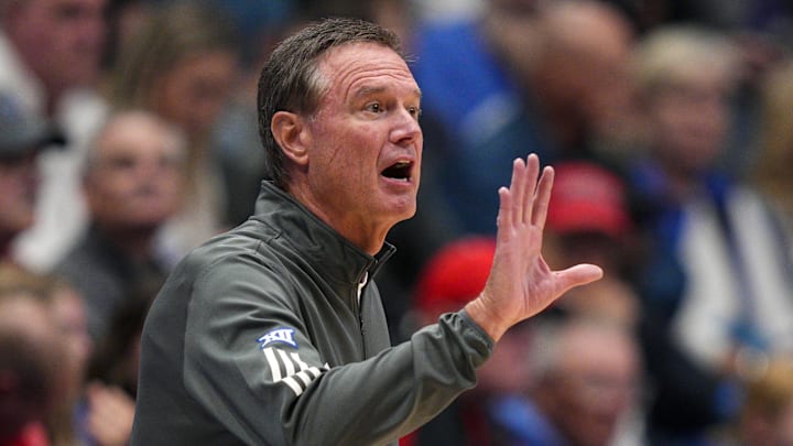 Oct 28, 2025; Lawrence, KS, USA; Kansas Jayhawks head coach Bill Self reacts during the first half against the Fort Hays State Tigers at Allen Fieldhouse. Mandatory Credit: Jay Biggerstaff-Imagn Images