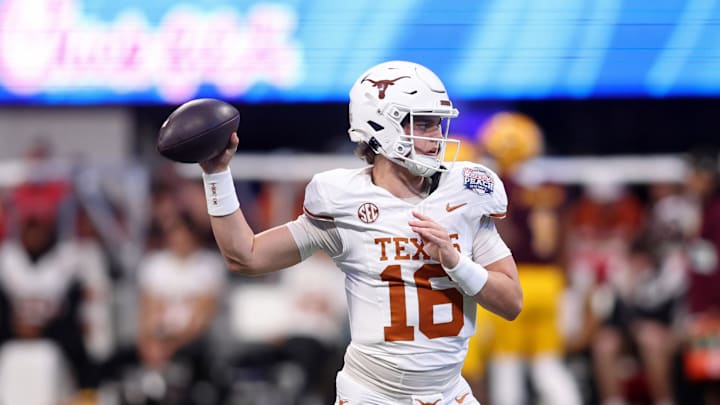 Jan 1, 2025; Atlanta, GA, USA; Texas Longhorns quarterback Arch Manning (16) warms up before the Peach Bowl at Mercedes-Benz Stadium. Mandatory Credit: Brett Davis-Imagn Images Jan 1, 2025; Atlanta, GA, USA; Texas Longhorns quarterback Arch Manning (16) warms up before the Peach Bowl at Mercedes-Benz Stadium. Mandatory Credit: Brett Davis-Imagn Images