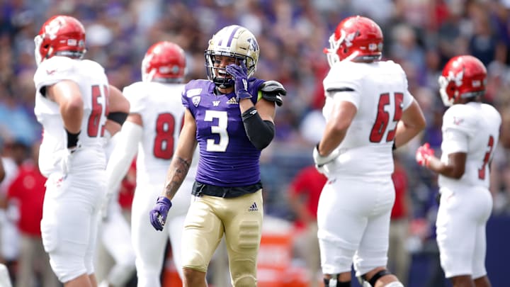 Aug 31, 2019; Seattle, WA, USA; Washington Huskies defensive back Elijah Molden (3) yells out after making a tackle against the Eastern Washington Eagles during the second quarter at Husky Stadium. Mandatory Credit: Jennifer Buchanan-Imagn Images