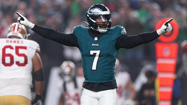 Dec 3, 2023; Philadelphia, Pennsylvania, USA; Philadelphia Eagles linebacker Haason Reddick (7) reacts after a defensive stop against the San Francisco 49ers during the first quarter at Lincoln Financial Field. Dec 3, 2023; Philadelphia, Pennsylvania, USA; Philadelphia Eagles linebacker Haason Reddick (7) reacts after a defensive stop against the San Francisco 49ers during the first quarter at Lincoln Financial Field.