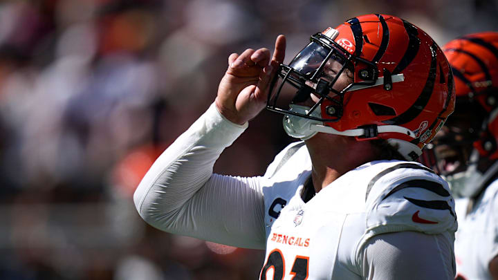Cincinnati Bengals defensive end Trey Hendrickson (91) celebrates a sack in the fourth quarter of the NFL Week 1 game between the Cleveland Browns and the Cincinnati Bengals at Huntington Bank Field in Cleveland on Sunday, Sept. 7, 2025. The Bengals begin the season with a 17-16 win over the Browns. Cincinnati Bengals defensive end Trey Hendrickson (91) celebrates a sack in the fourth quarter of the NFL Week 1 game between the Cleveland Browns and the Cincinnati Bengals at Huntington Bank Field in Cleveland on Sunday, Sept. 7, 2025. The Bengals begin the season with a 17-16 win over the Browns.