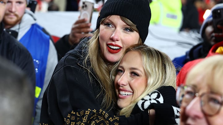 Jan. 26, 2025: Taylor Swift hugs Brittany Mahomes celebrating the Kansas City Chiefs AFC Championship.