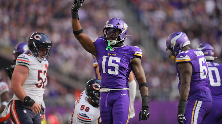 Nov 16, 2025; Minneapolis, Minnesota, USA; Minnesota Vikings linebacker Dallas Turner (15) reacts after a tackle during the first quarter against the Minnesota Vikings at U.S. Bank Stadium. Nov 16, 2025; Minneapolis, Minnesota, USA; Minnesota Vikings linebacker Dallas Turner (15) reacts after a tackle during the first quarter against the Minnesota Vikings at U.S. Bank Stadium.