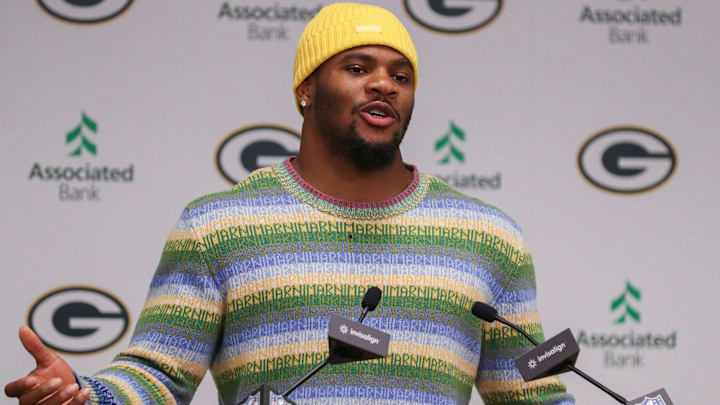 Former Dallas Cowboys and current Green Bay Packers edge rusher Micah Parsons speaks during an introductory press conference on Friday, August 29, 2025, at Lambeau Field in Green Bay, Wis.