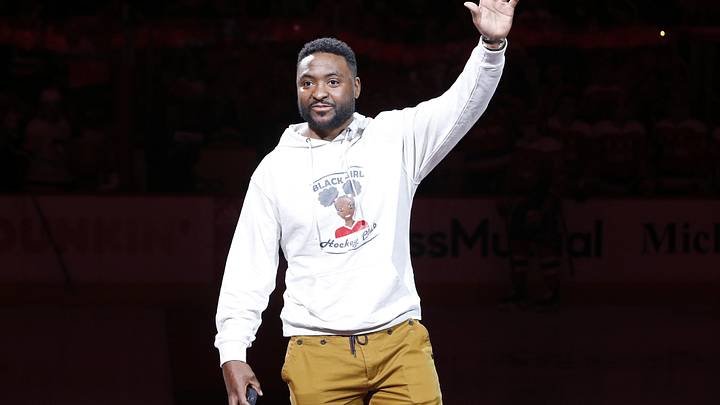 Feb 23, 2020; Washington, District of Columbia, USA; Former Washington Capital Joel Ward waves to the crowd before participating in a ceremonial puck drop for Black History Game against the Pittsburgh Penguins at Capital One Arena. Mandatory Credit: Geoff Burke-Imagn Images