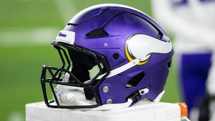 Jan 13, 2025; Glendale, AZ, USA; Detailed view of a Minnesota Vikings helmet during an NFC wild card game at State Farm Stadium. Mandatory Credit: Mark J. Rebilas-Imagn Images Jan 13, 2025; Glendale, AZ, USA; Detailed view of a Minnesota Vikings helmet during an NFC wild card game at State Farm Stadium. Mandatory Credit: Mark J. Rebilas-Imagn Images