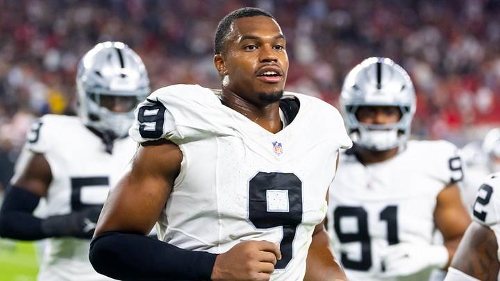 Aug 23, 2025; Glendale, Arizona, USA; Las Vegas Raiders defensive end Tyree Wilson (9) against the Arizona Cardinals during a preseason NFL game at State Farm Stadium. Mandatory Credit: Mark J. Rebilas-Imagn Images