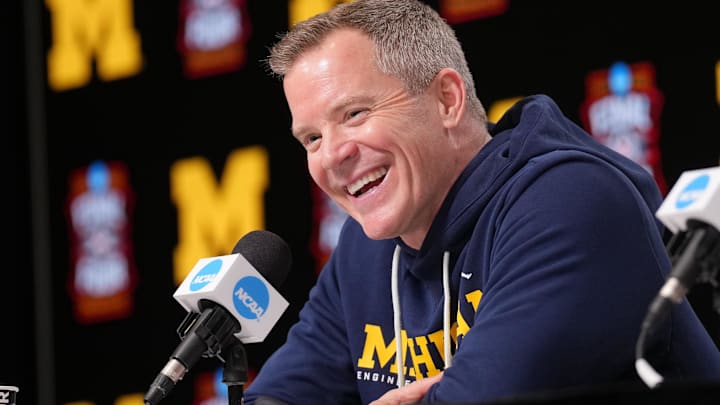 Apr 2, 2026; Indianapolis, IN, USA; Michigan head coach Dusty May during a press conference ahead of the Final Four of the men's 2026 NCAA Tournament at Lucas Oil Stadium. Mandatory Credit: Robert Deutsch-Imagn Images
