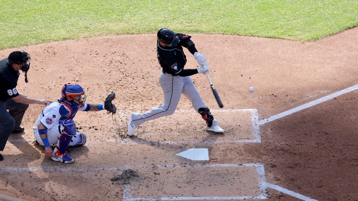 Jun 1, 2024; New York City, New York, USA; Arizona Diamondbacks first baseman Christian Walker (53) hits a grand slam home run against the New York Mets during the third inning at Citi Field.