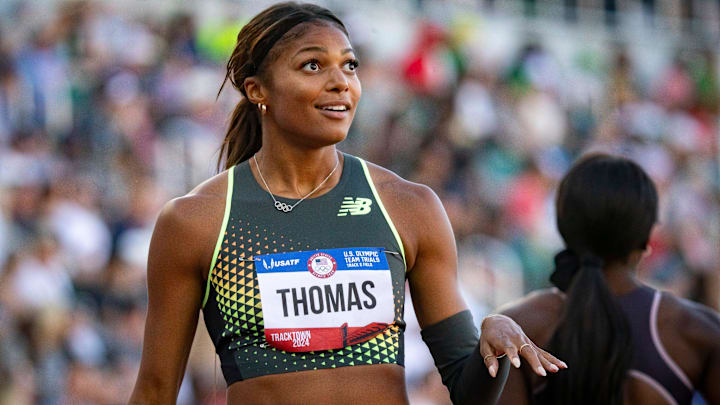 Gabby Thomas reacts after winning the semifinals of the women’s 200 meter dash during day eight of the U.S. Olympic Track & Field Trials Friday, June 28, 2024, at Hayward Field in Eugene, Ore.