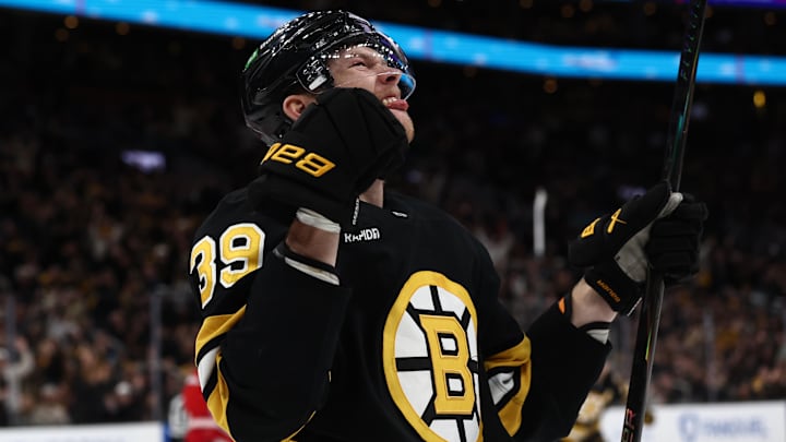 Nov 29, 2025; Boston, Massachusetts, USA; Boston Bruins center Morgan Geekie (39) celebrates after scoring against the Detroit Red Wings during the third period at TD Garden. Mandatory Credit: Winslow Townson-Imagn Images