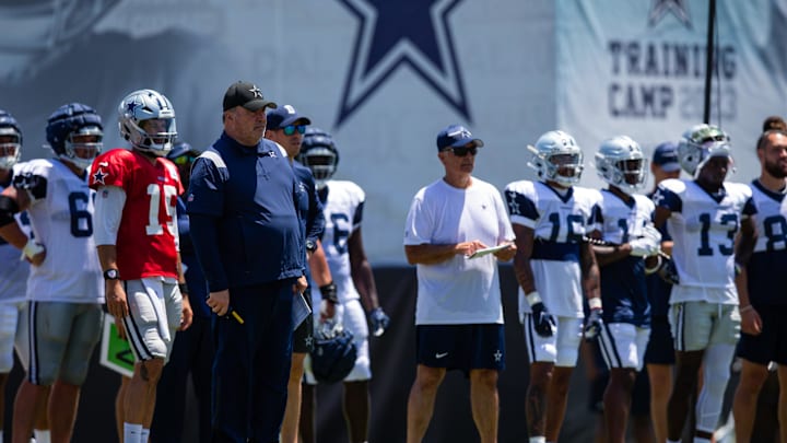Aug 1, 2023; Oxnard, CA, USA; Dallas Cowboys head coach Mike McCarthy during training camp at Marriott Residence Inn-River Ridge playing fields. Aug 1, 2023; Oxnard, CA, USA; Dallas Cowboys head coach Mike McCarthy during training camp at Marriott Residence Inn-River Ridge playing fields.