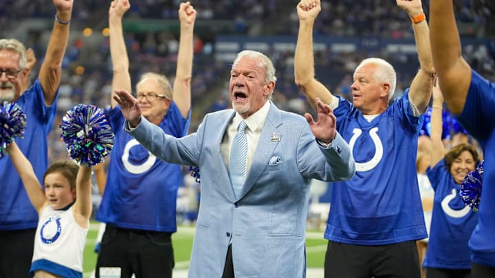 Jim Irsay, Colts owner, participates in a special grandparents event on a halftime performance by Colts Junior Cheer, during a break in action against the Los Angeles Rams at Indianapolis Colts, on Sunday, Oct. 1, 2023, at Lucas Oil Stadium in Indianapolis.