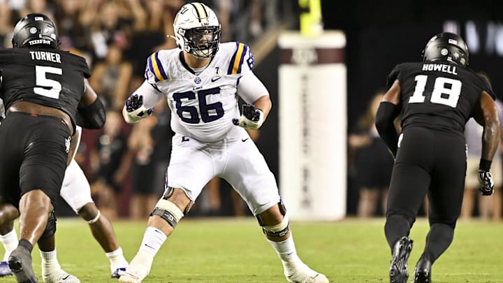 Possible top 10 pick Will Campbell blocks for LSU against the Texas A&M Aggies last season.