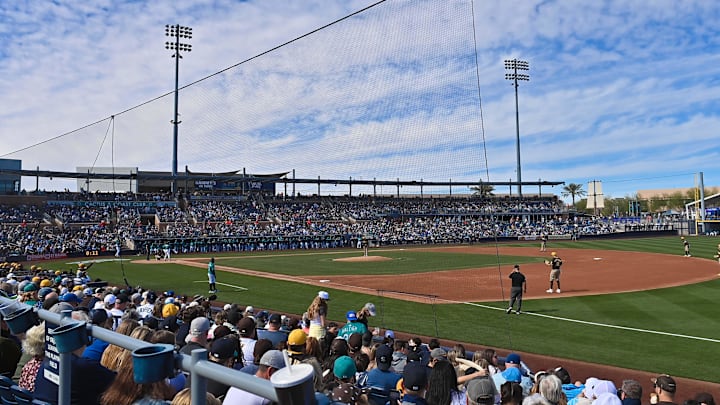 Feb 20, 2026; Peoria, Arizona, USA; General view of a game between the Seattle Mariners and the San Diego Padres during a Spring Training game at Peoria Sports Complex. Mandatory Credit: Matt Kartozian-Imagn Images