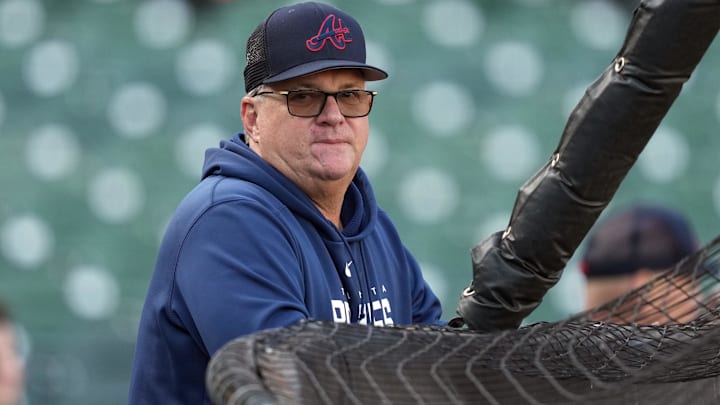 Aug 25, 2023; San Francisco, California, USA; Atlanta Braves hitting coach Kevin Seitzer (34) before the game against the San Francisco Giants at Oracle Park. Mandatory Credit: Darren Yamashita-Imagn Images